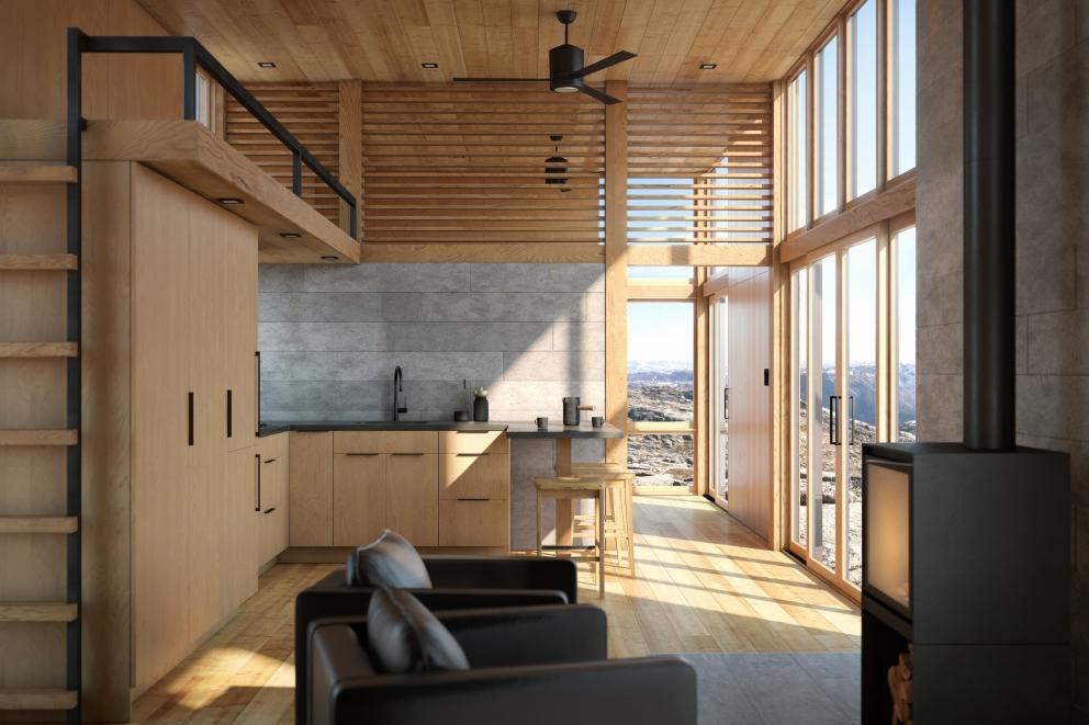 The interior kitchen of the SKALI two bedroom.